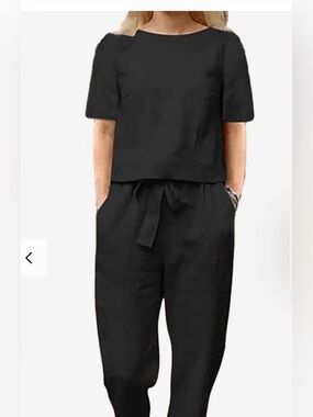 North Fashion, MONOCHROME LINEN TWO-PIECE SET in Black - Size Small